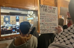 Protestors chanted and held signs outside of the House Chamber on Jan. 18, 2024, after a vote on House Bill 1002, which aims to define antisemitism in educational settings.