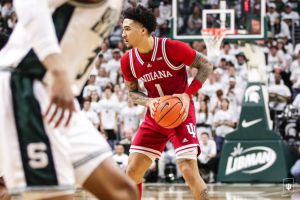 Indiana&amp;apos;s Jalen Hood-Schifino looks for a teammate during Tuesday night&amp;apos;s game at Michigan State.