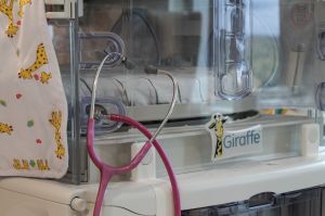 A pink stethoscope hangs on a part of a baby omnibed in a hospital.