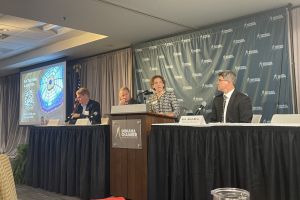 House Minority Leader Phil GiaQuinta, House Speaker Todd Huston, Indiana Chamber President Vanessa Green Sinders and Senate President Pro Tempore Rodric Bray