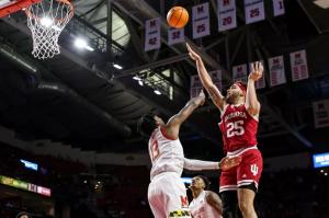 Indiana's Race Thompson gets off a shot in the paint against Maryland Tuesday night.