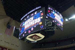 The scoreboard at Simon Skjodt Assembly Hall is lit up for the NCAA Tournament games this weekend.