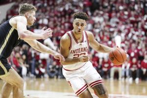 Indiana's Trayce Jackson-Davis drives against Purdue's Caleb Furst during Saturday's game at Simon Skjodt Assembly Hall.