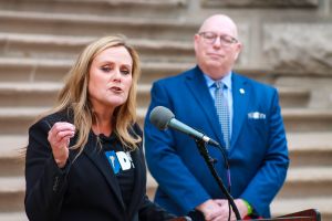 Democratic gubernatorial candidate Jennifer McCormick accepted the endorsement of the Indiana Political Action Committee for Education, the political arm of the Indiana State Teachers Association, in front of the Statehouse on April 24, 2024.