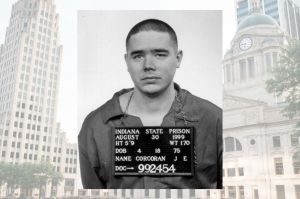 Photo illustration of Joseph Corcoran's mugshot in front of the Statehouse