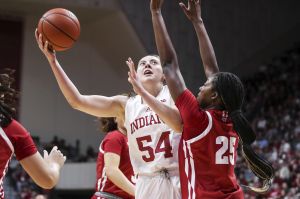 Indiana's Mackenzie Holmes goes to the basket against Wisconsin Sunday at Simon Skjodt Assembly Hall.