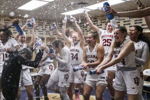 Indiana&amp;apos;s women&amp;apos;s basketball team celebrates after being named a No. 1 seed for the NCAA tournament Sunday.