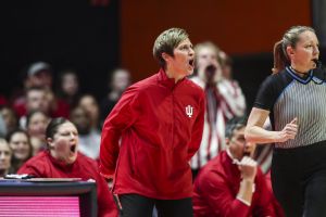 Indiana's Teri Moren yells from the sideline during Wednesday night's game at Illinois..