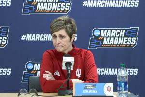 Indiana's Teri Moren addresses the media after Monday night's loss to Miami.