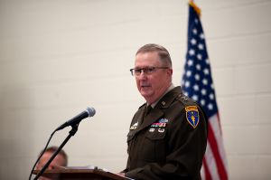 Indiana National Guard Adjutant General Maj. Gen. R. Dale Lyles speaks during the announcement of a partnership between the Indiana National Guard and PRUV Mobility on Friday, Oct. 13, 2023, at Camp Atterbury.