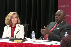 Indiana University President Pamela Whitten and IU Trustee Chair Quinn Buckner at the Feb. 20, 2025 board meeting.