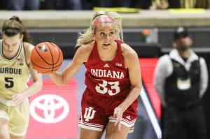Indiana&amp;amp;apos;s Mackenzie Holmes looks to get a shot off inside against Purdue Sunday.