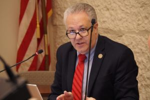 Rep. Martin Carbaugh (R-Fort Wayne) addresses the media during the unveiling of the Indiana House Republican 2025 agenda on Jan. 14, 2025. Rep. Brad Barrett (R-Richmond) stands in the background.