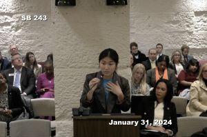 Hoosier Action Statewide Housing Community Coordinator Stephanie Zhang testified in the Senate Judiciary Committee on Jan. 31, 2024 about a housing bill.