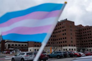 A transgender pride flag is seen in front of the Roudebush VA Medical Center on Jan. 31, 2025. 