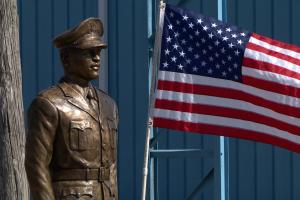 One of the statues of a Tuskegee Airman dedicated at Freeman Field  in Seymour last Saturday.