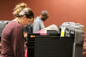 Voters stand at voting machines