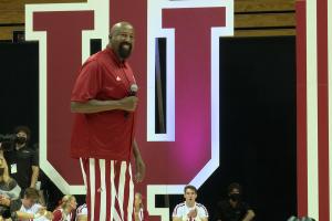 Indiana head basketball coach Mike Woodson talks to the crowd during Hoosier Hysteria.