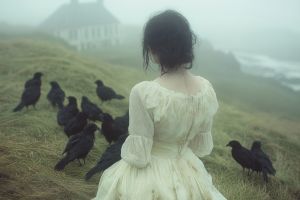 Woman in Victorian dress walks away surrounded by crows and fog.