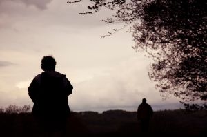 People, backlit, walking away.