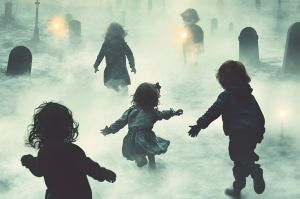 Children running into a foggy graveyard.