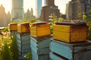 Urban rooftop garden with beehives