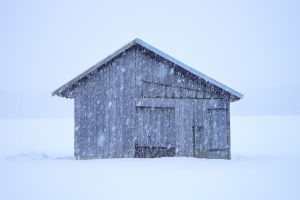 Cabin covered in snow