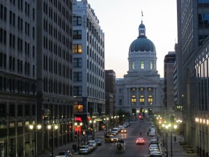 Looking down Market Street from the Soldiers & Sailors Monument at the Indiana Statehouse.
