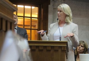 CTB/McGraw-Hill president Ellen Haley addresses the Indiana Commission on Education. The testing company executive answered lawmakers' questions about what went wrong with the exam and apologized for the disruptions.