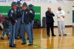 More than 30 law enforcement personnel provided security at the Northeast School Corporation Board of Trustees meeting. Attendees had to pass through a metal detector before entering the North Central High School gym.