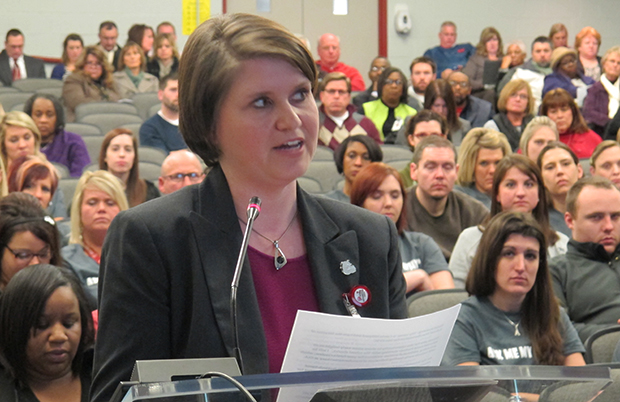 Carrie Hillyard, who leads the turnaround team Evansville Vanderburgh School Corporation leaders created to assist five struggling district schools, speaks to State Board of Education members at a public hearing on the future of Glenwood Leadership Academy.