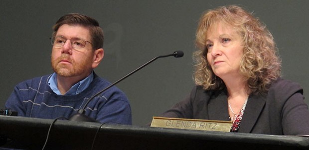 State Board of Education member Brad Oliver and state superintendent Glenda Ritz listen during a January 2014 meeting.