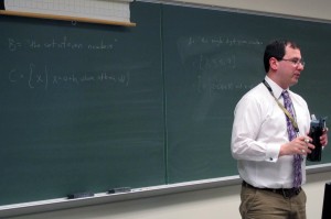 Manchester University professor Tim Brauch lectures his discrete math class. Brauch has been involved in the rewrite of Indiana's K-12 standards.