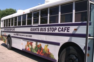 The mobile café is a refurbished school bus that has all the amenities of a school cafeteria.