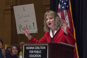 Superintendent Glenda Ritz appears at a rally on her behalf at the statehouse in February. (Photo Credit: Gretchen Frazee/WTIU)
