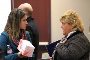 State Board of Education member Sarah O'Brien (left) says the estimated cost for the upcoming ISTEP+ tests concerns her. (Photo Credit: Rachel Morello/StateImpact Indiana)