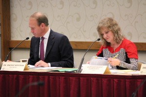 State Board of Education member Vince Bertram and state superintendent Glenda Ritz listen during the a meeting in June 2015. (Photo Credit: Rachel Morello/StateImpact Indiana)