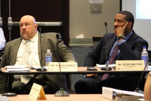 State Board of Education members Byron Ernest (left) and Eddie Melton listen to presentations during the board's July meeting. (Photo Credit: Rachel Morello/StateImpact Indiana)