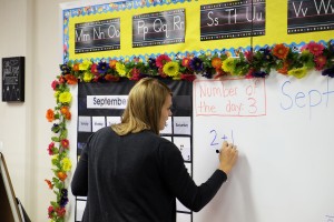 Second grade teacher Sara Draper teaches her students at Helmsburg Elementary a math lesson. This is Draper's first year in the classroom.