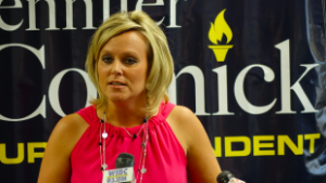 Yorktown Superintendent Jennifer McCormick and GOP state superintendent candidate talks on Sept. 21, 2016 at the Old National Building in Indianapolis. (photo credit: Eric Weddle / WFYI Public Media)