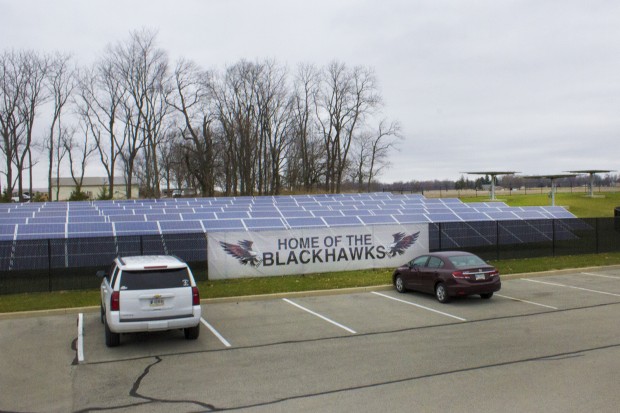 A group of solar panels at Sheridan Elementary School. Sheridan Community Schools, in Hamilton County, is now one of Indiana's first completely solar powered school districts.  (Peter Balonon-Rosen/Indiana Public Broadcasting)