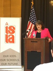 Indiana State Teacher's Association president Teresa Meredith lays out the union's legislative priorities. One of them includes a new program to help teachers deal with student trauma. (photo credit: Claire McInerny / IPBS)