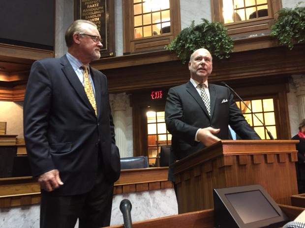 Senate President Pro Tempore David Long, left, and Indiana House Speaker Brian Bosma, right. (Eric Weddle/WFYI)