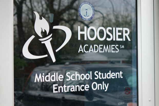 The front door of the Hoosier Academy administrative offices and school on Far Eastside of Indianapolis at 2855 North Franklin Road. The building houses the K-12 Hoosier Academy blended learning school, Hoosier Virtual Academy, and the new Insight School of Indiana middle school. (Eric Weddle/WFYI News)