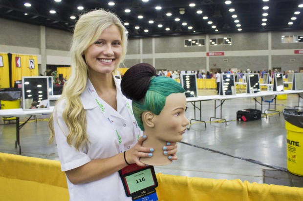 Bridget Griffin represented Indiana in the hairstyling competition at SkillsUSA national conference in Louisville, KY. (Peter Balonon-Rosen/Indiana Public Broadcasting)