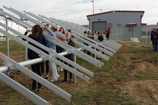 Students build racking for 950 solar panels at the Lake Prairie Elementary School array. (Credit: Tri-Creek School Corporation)